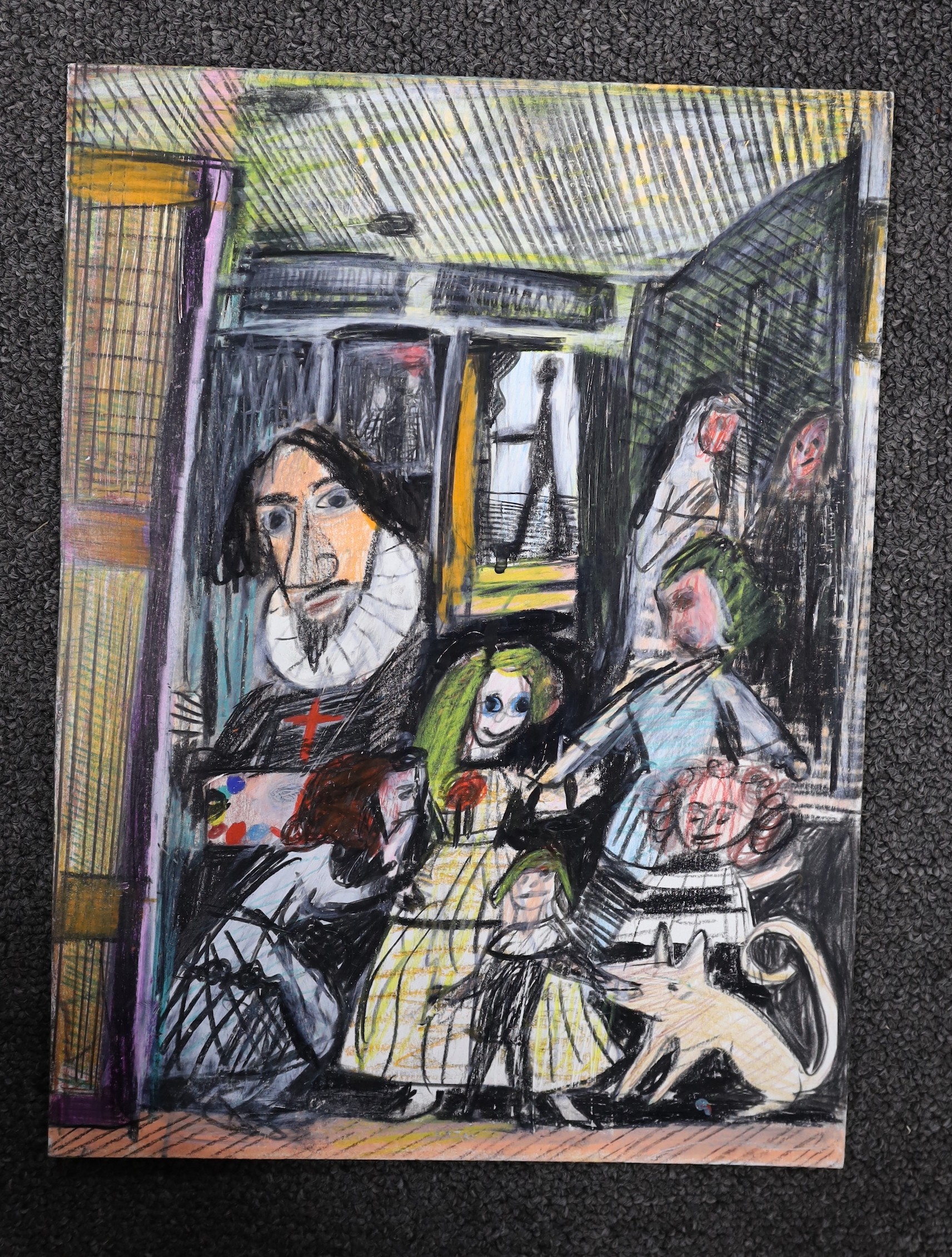Matthew Collings (1955-) after Velasquez, mixed media on paper, 'Las Meninas', inscribed verso and dated 2021, 31 x 23cm, unframed